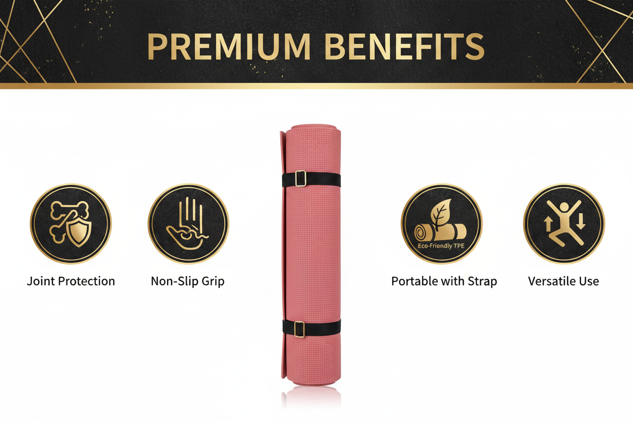Yoga mat benefits banner - joint protection, non-slip grip, eco-friendly