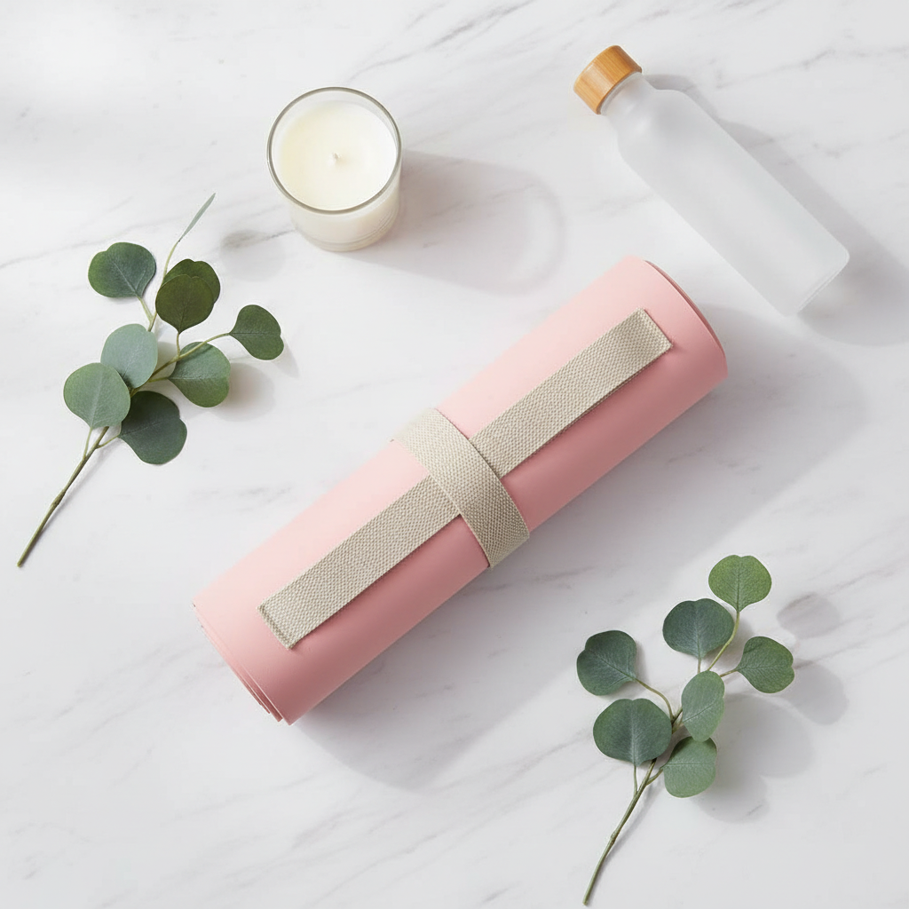 Premium yoga mat flat lay with wellness props